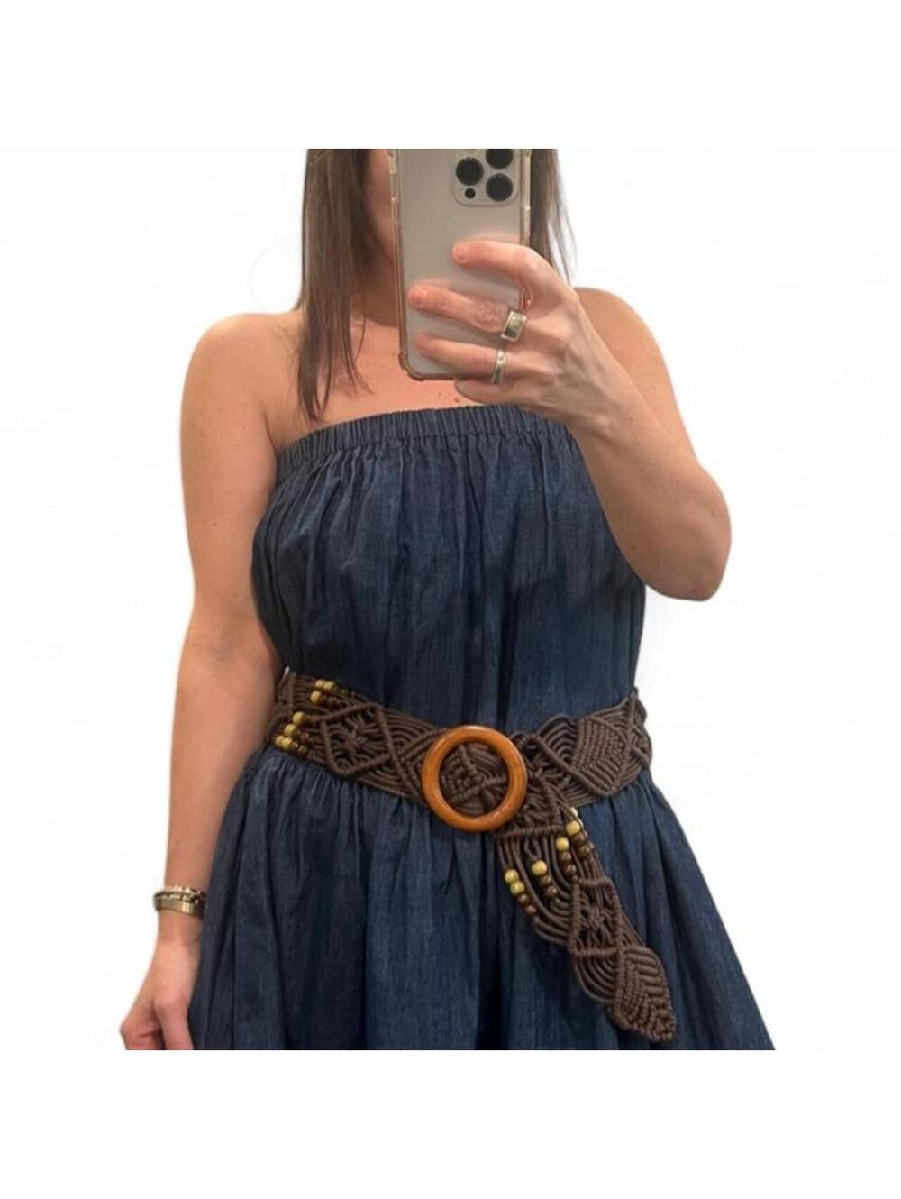 Vintage Boho Macramé Belt Brown Wood Bead Wooden Ring Tie Waist
